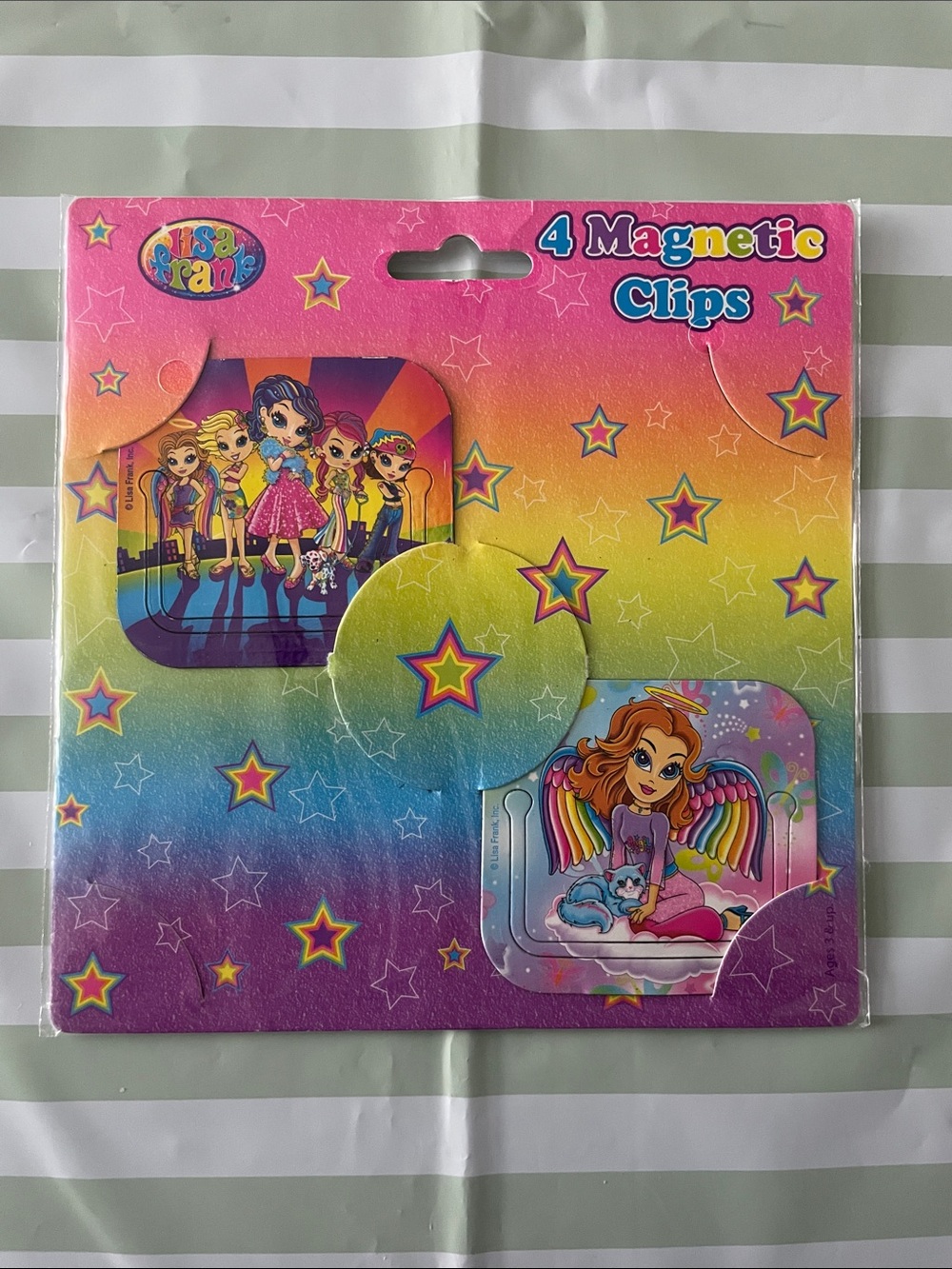 (2) Lisa Frank Magnets and 1 Blank Card Girl Power Angel Kitten Surfer Glam